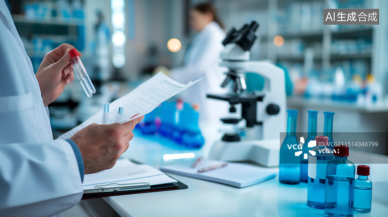 【AI数字艺术】科学研究背景科学家在实验室工作的特写镜头图片素材