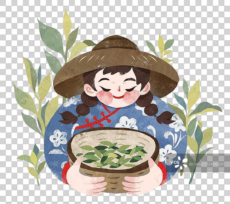 新中式插画传统文化茶文化采茶女图片素材