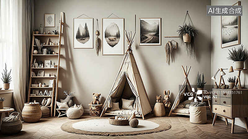 【AI数字艺术】温馨儿童房中的帐篷游戏区图片素材