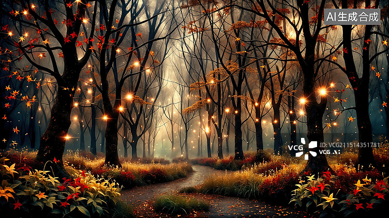 【AI数字艺术】神秘森林中的光点图片素材