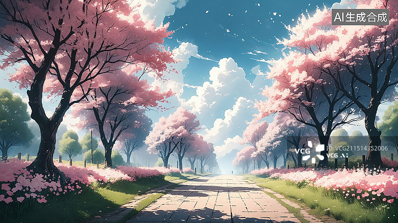 【AI数字艺术】樱花盛开的田园小径图片素材