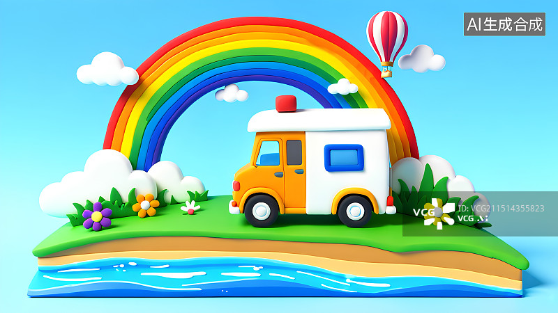 【AI数字艺术】3D渲染卡通房车，自驾游，面包车旅游，旅行，海报，背景图图片素材