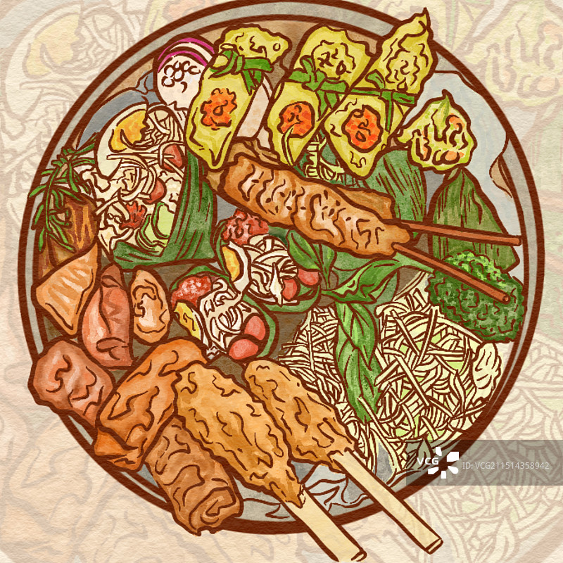 手绘东南亚美食插画图片素材