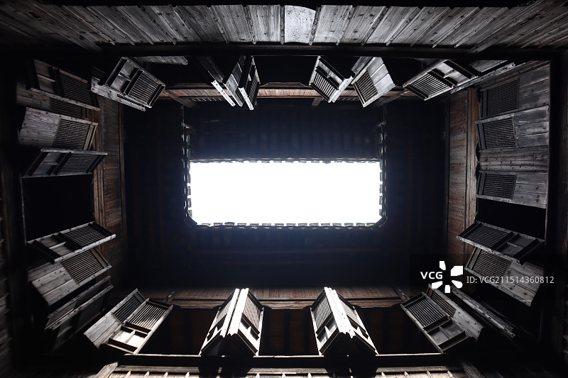 四水归堂式皖南民居——安徽黄山呈坎村明代建筑燕翼堂天井仰拍视角图片素材