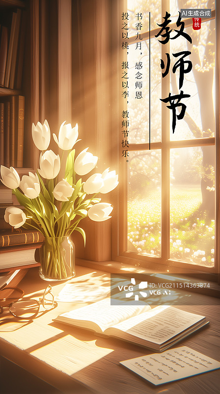 【AI数字艺术】3D渲染 教师节桌面上的花束、台历和办公桌 插画海报模版 老师您辛苦了 学生感恩老师开学季教育插画图片素材