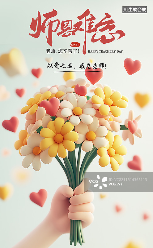 【AI数字艺术】9月10日 感恩教师节插画海报模版 教室学生给老师献花 女老师手握花束 一只手拿着一束花图片素材