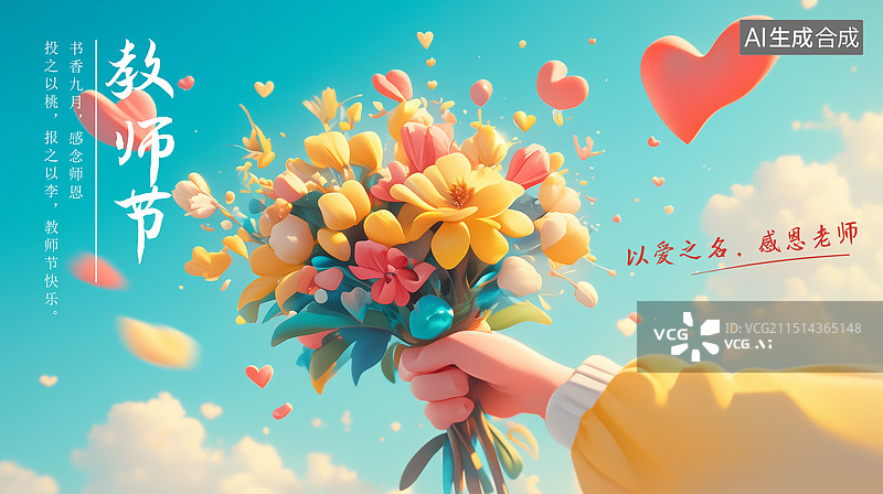 【AI数字艺术】9月10日 感恩教师节插画海报模版 教室学生给老师献花 女老师手握花束 一只手拿着一束花图片素材