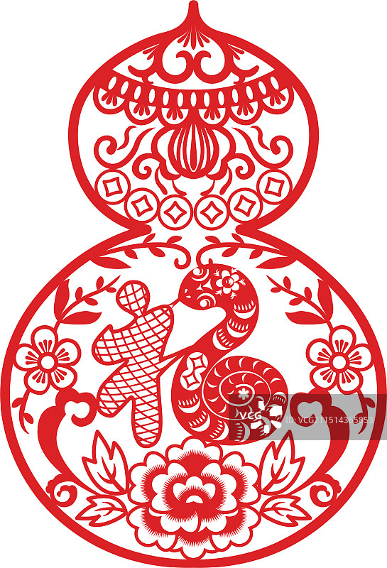 蛇年葫芦形红色剪纸插画图片素材