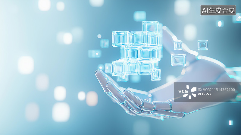 【AI数字艺术】未来科技风格主题海报——一个人工智能机器人的手拿着一个数字魔方图片素材