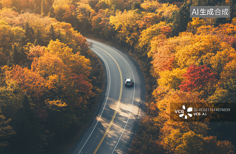 【AI数字艺术】秋日山路之旅：穿越金黄山谷的蜿蜒公路图片素材