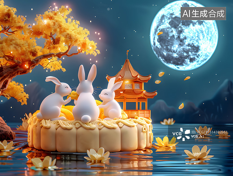 【AI数字艺术】中秋节月饼,满月下的兔子和古建筑图片素材