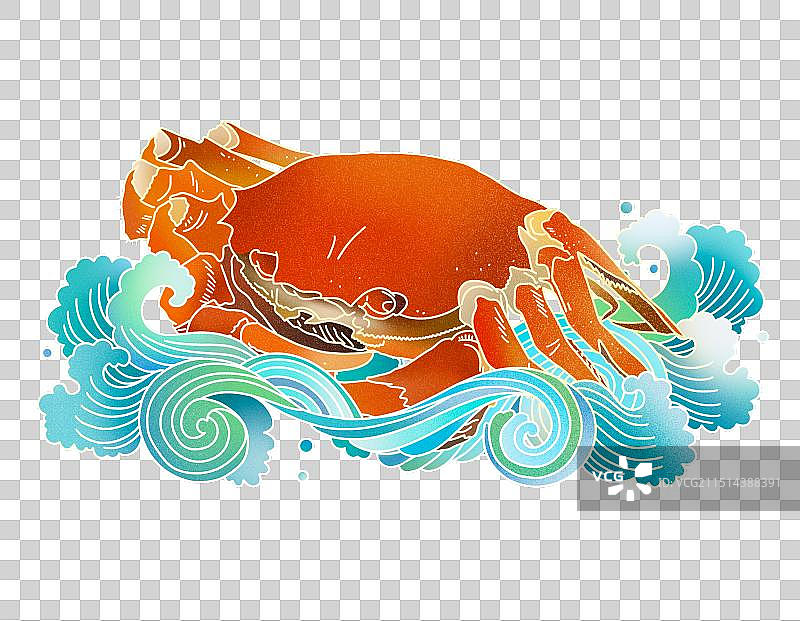 线描国风元素海浪中一只大闸蟹图片素材