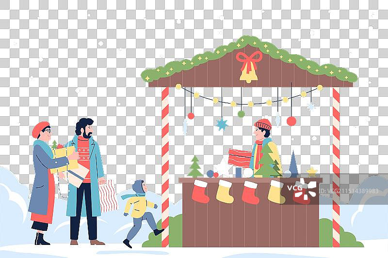 圣诞冬季市集摊位旁的家庭图片素材