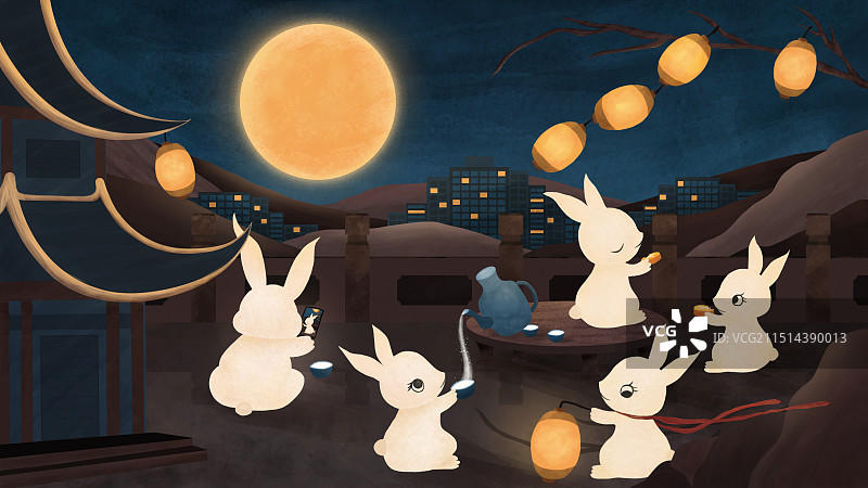 中秋节月下兔子们的欢聚时光手绘插画图片素材