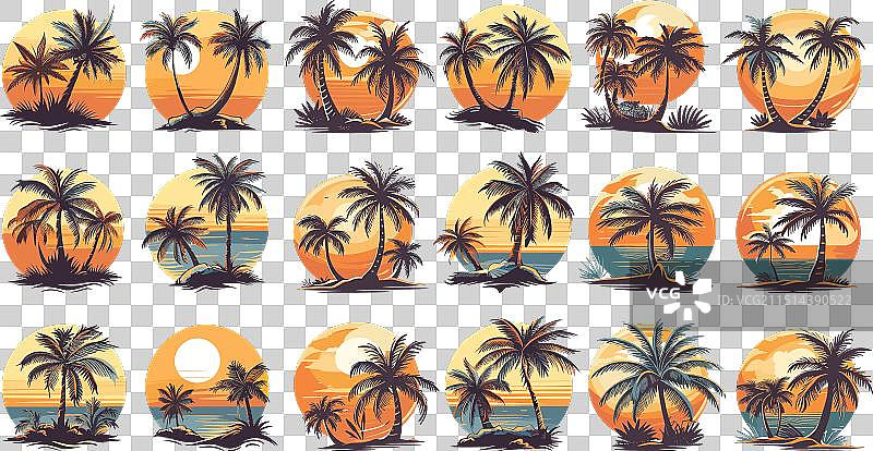 卡通复古棕榈树日出标志图标集图片素材