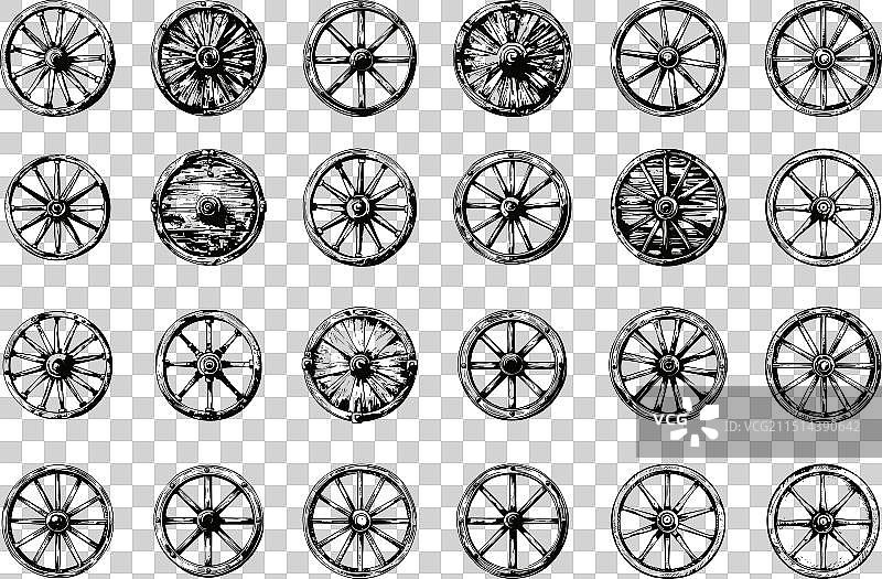 木制马车轮图标雕刻风格套装图片素材
