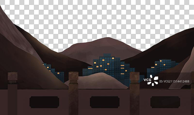 远方山脉城市建筑插画元素图片素材