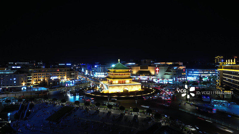 西安钟楼夜景航拍图片素材