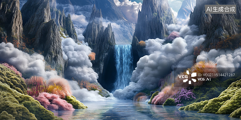 【AI数字艺术】神话传说西游记花果山水帘洞瀑布3D插画图片素材