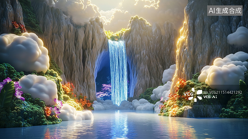 【AI数字艺术】神话传说西游记花果山水帘洞瀑布3D插画图片素材