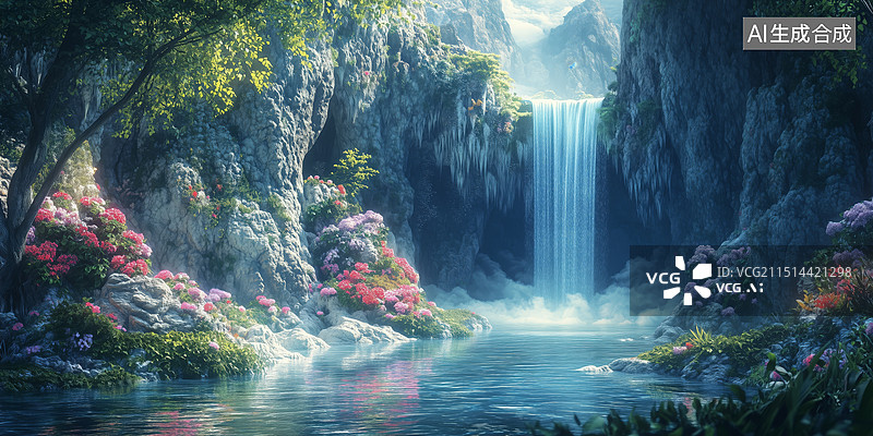 【AI数字艺术】神话传说西游记花果山水帘洞瀑布3D插画图片素材