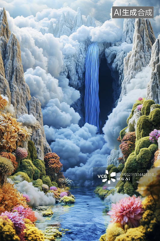 【AI数字艺术】神话传说西游记花果山水帘洞瀑布3D插画图片素材