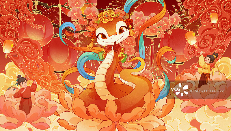 可爱灵动中国风红色新年插画图片素材