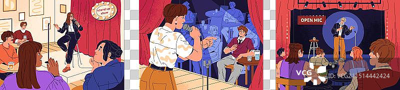 带有喜剧演员的开放式麦克风立式表演装置图片素材