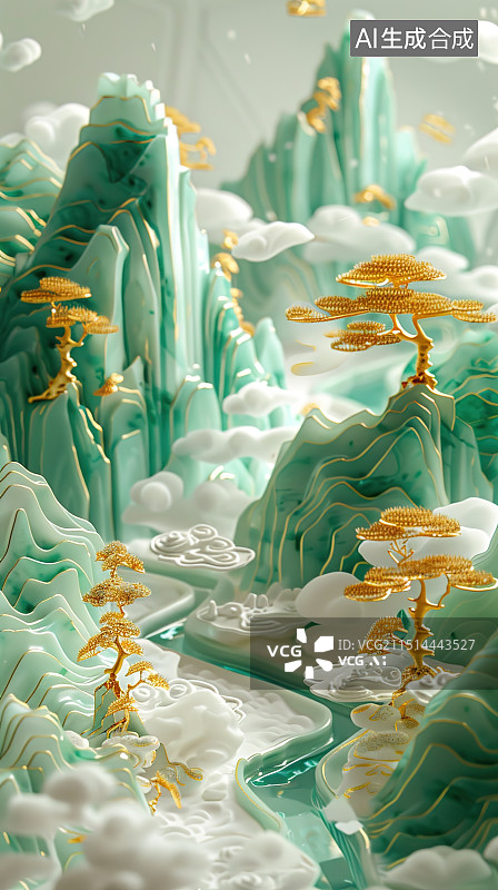 【AI数字艺术】玉质山水插画图片素材
