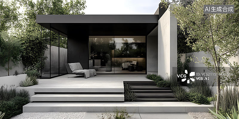 【AI数字艺术】现代玻璃门和石阶的房屋庭院设计图片素材