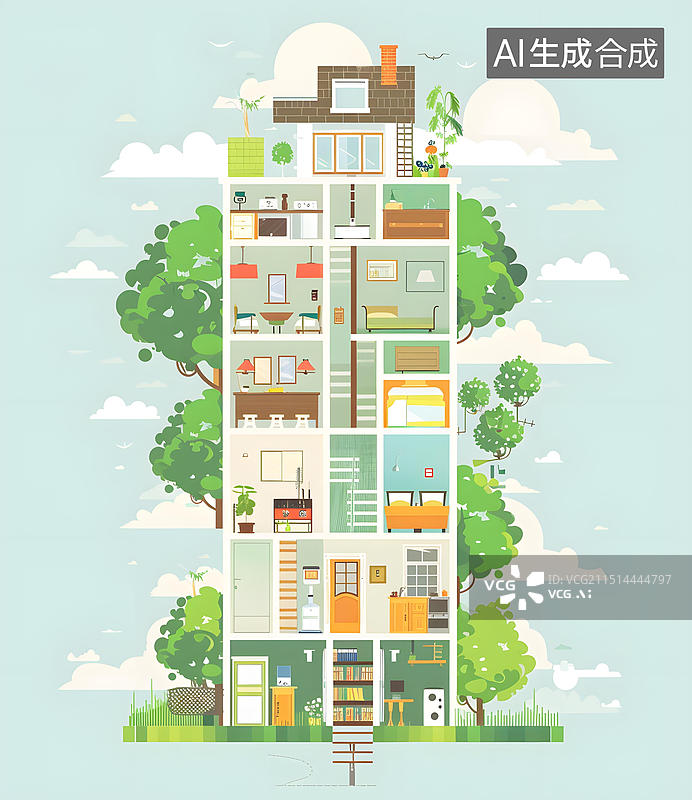 【AI数字艺术】现代房屋内部设计与绿树图片素材