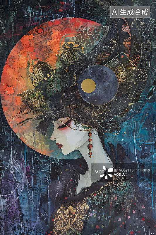 【AI数字艺术】水彩画女人与月亮星辰图片素材
