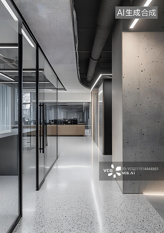 【AI数字艺术】现代玻璃墙和水泥墙的办公室内部图片素材