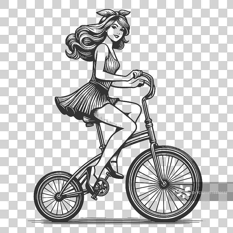 骑自行车的海报女郎雕刻素描图片素材