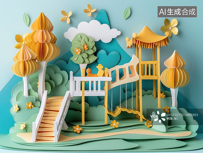 【AI数字艺术】滑滑梯立体剪纸场景图片素材