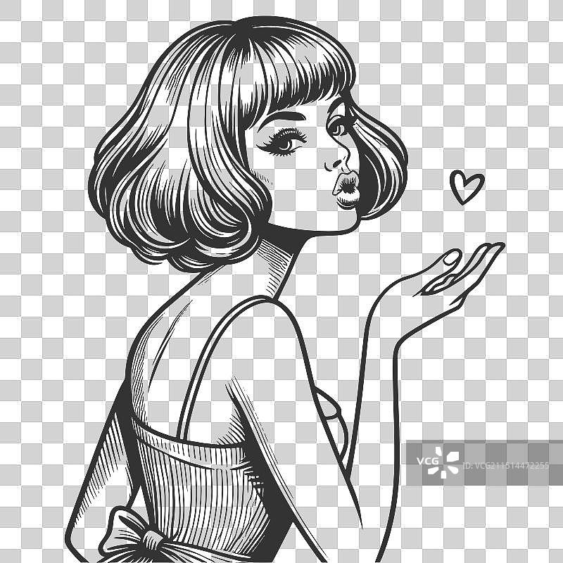 飞吻的美女雕刻素描图片素材