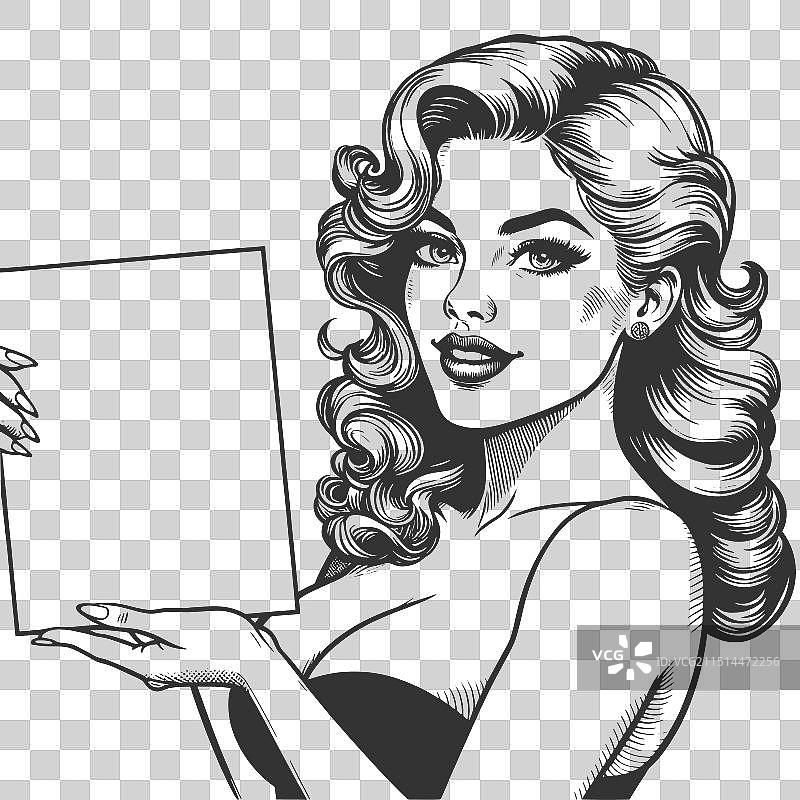 拿着空白海报的复古女人图片素材