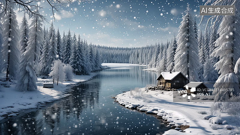 【AI数字艺术】冬季雪后森林湖泊自然风景图片素材