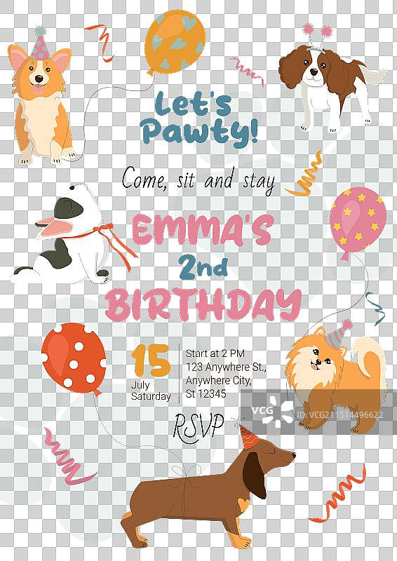 带有可爱狗狗的生日派对邀请函模板图片素材
