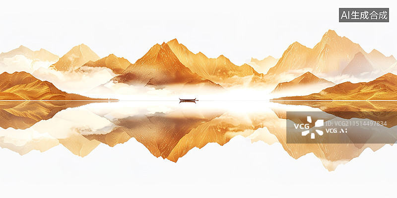 【AI数字艺术】金色中式水墨山水风光画图片素材