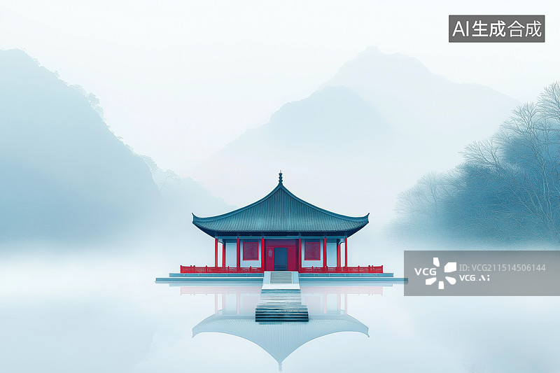 【AI数字艺术】充满意境的中国水墨古建筑山水画图片素材