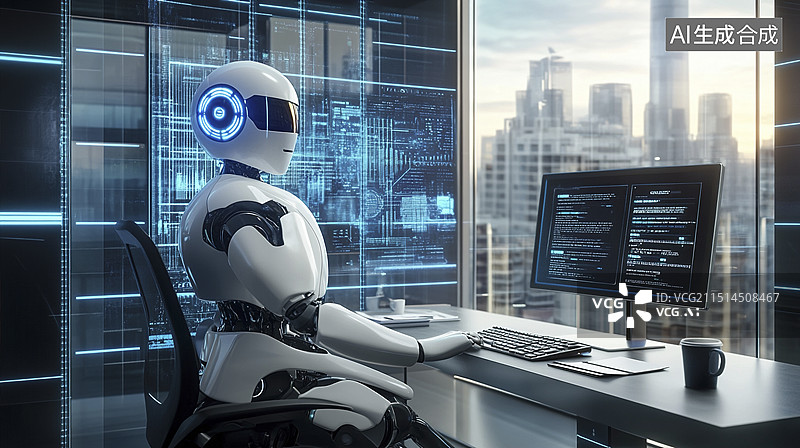 【AI数字艺术】机器人在电脑上工作图片素材