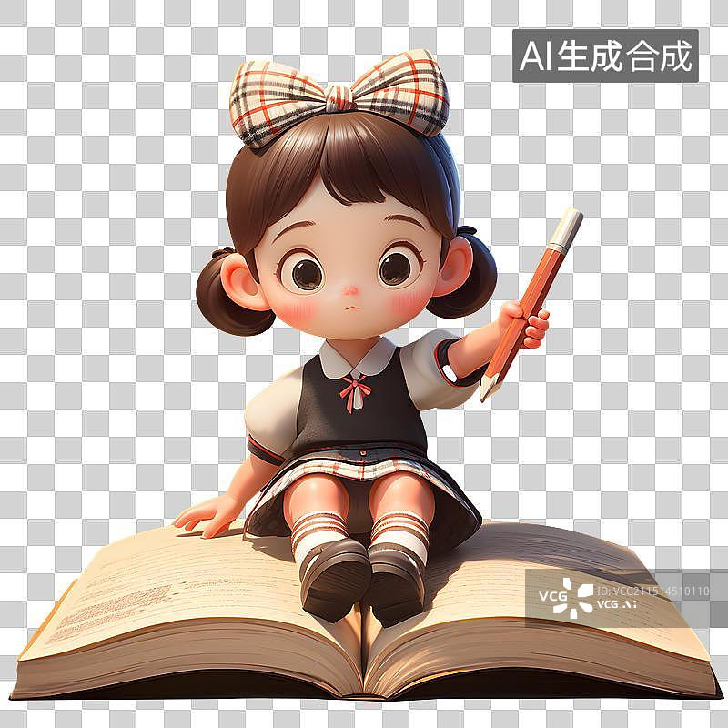 【AI数字艺术】坐在书本上的可爱女孩图片素材