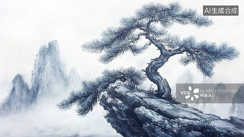 【AI数字艺术】水墨风高山松树国画图片素材