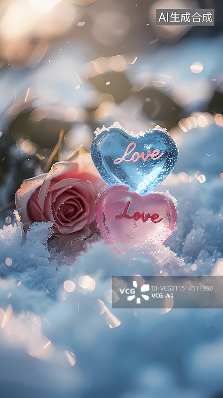 【AI数字艺术】数码冬雪心形宝石海报背景图片素材