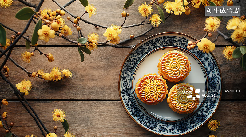 【AI数字艺术】中秋佳节桂花与月饼创意背景图片素材