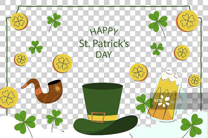 带有矮精灵帽子烟斗的圣帕特里克节贺卡图片素材