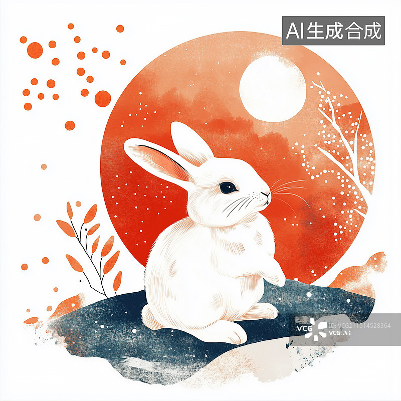 【AI数字艺术】中国风国潮风中秋节的兔子和月亮插画图片素材
