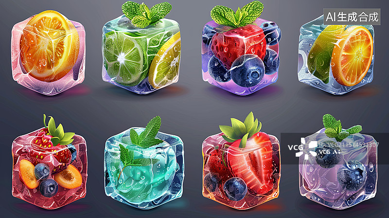 【AI数字艺术】各种水果冻在冰块里图片素材