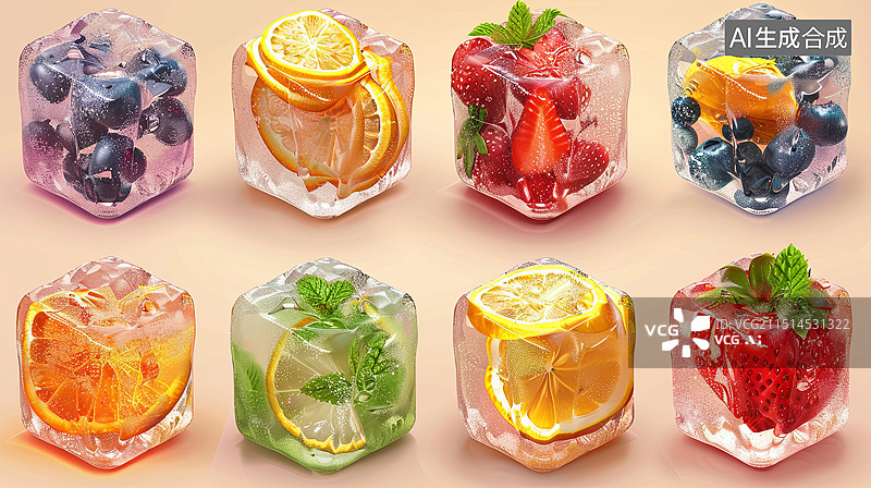 【AI数字艺术】各种水果冻在冰块里图片素材